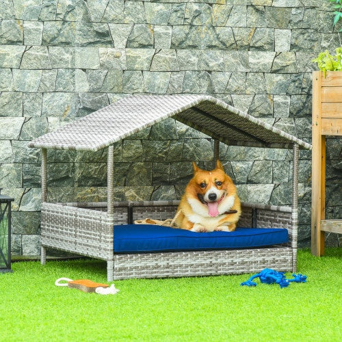 The Rattan Dog House Outdoors With A Canopy, The Rattan Dog Bed With A Waterproof Mat Is Suitable For Small And Medium Sized Dogs