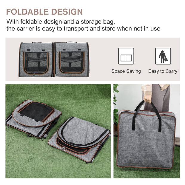 Portable Soft-sided Pet Cat Carrier With Divider, Two Compartments, Padded And Storage Bag, Grey